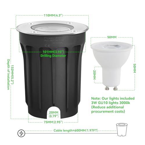 Goodia - Outdoor Recessed Round LED Spotlight, IP67 Waterproof, Warm White 3000K, GU10 Compatible