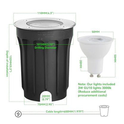 Goodia - Outdoor Recessed Round LED Spotlight, IP67 Waterproof, Warm White 3000K, GU10 Compatible