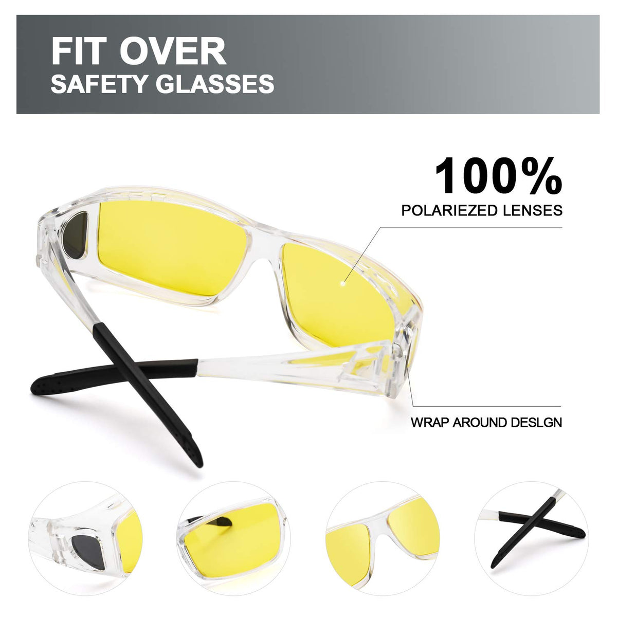 Wrap Around Night-Vision Glasses, Fit Over Prescription Glasses with Polarized Yellow Lens Night-Driving Glasses