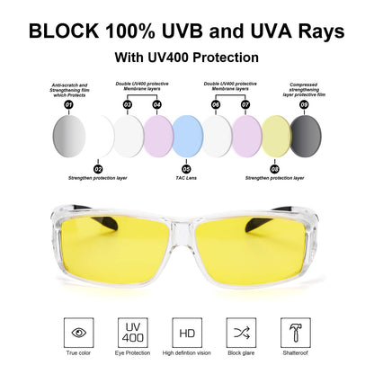 Wrap Around Night-Vision Glasses, Fit Over Prescription Glasses with Polarized Yellow Lens Night-Driving Glasses
