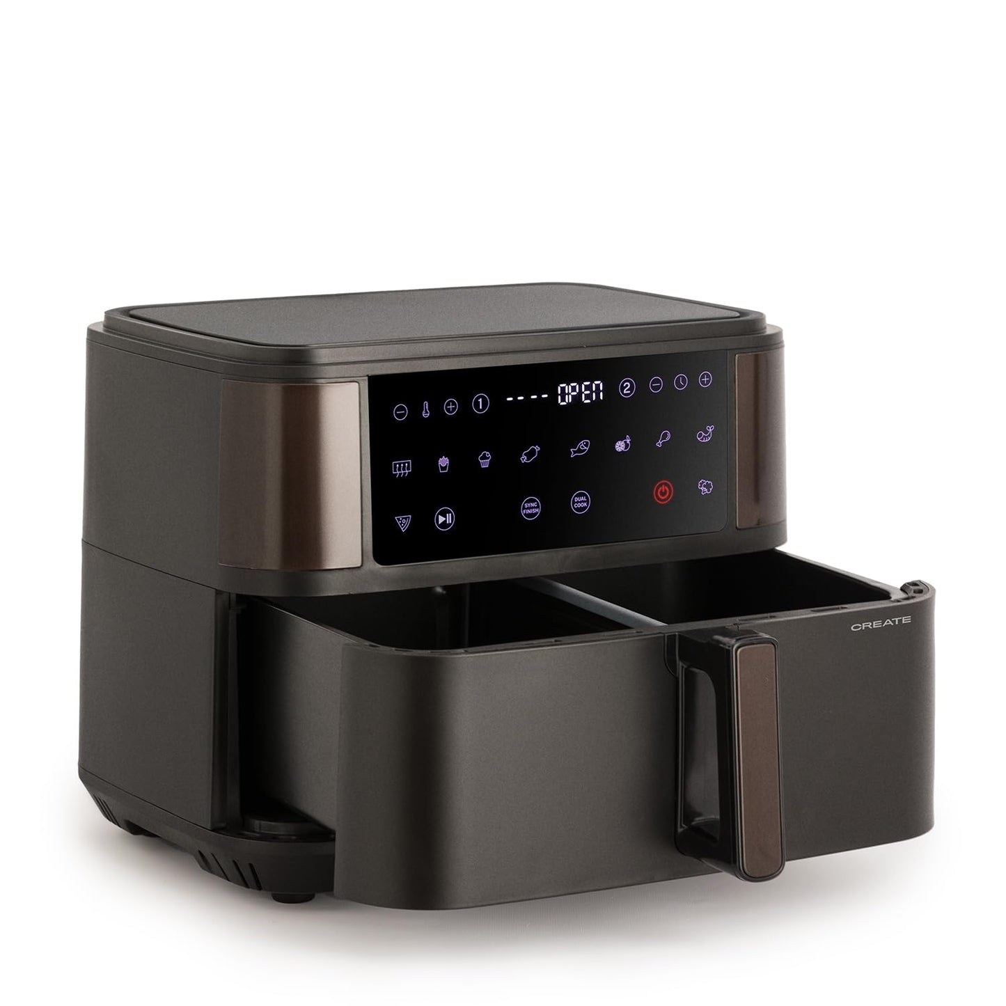 CREATE Fryer Air Dual Hot Air Fryer 10 L with Divider Black Capacity 7-8 Servings Multifunctional Touch Control Panel with Divider 10 Pre-Installed Programmes 2400 Watt