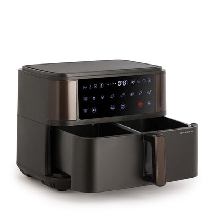 CREATE Fryer Air Dual Hot Air Fryer 10 L with Divider Black Capacity 7-8 Servings Multifunctional Touch Control Panel with Divider 10 Pre-Installed Programmes 2400 Watt