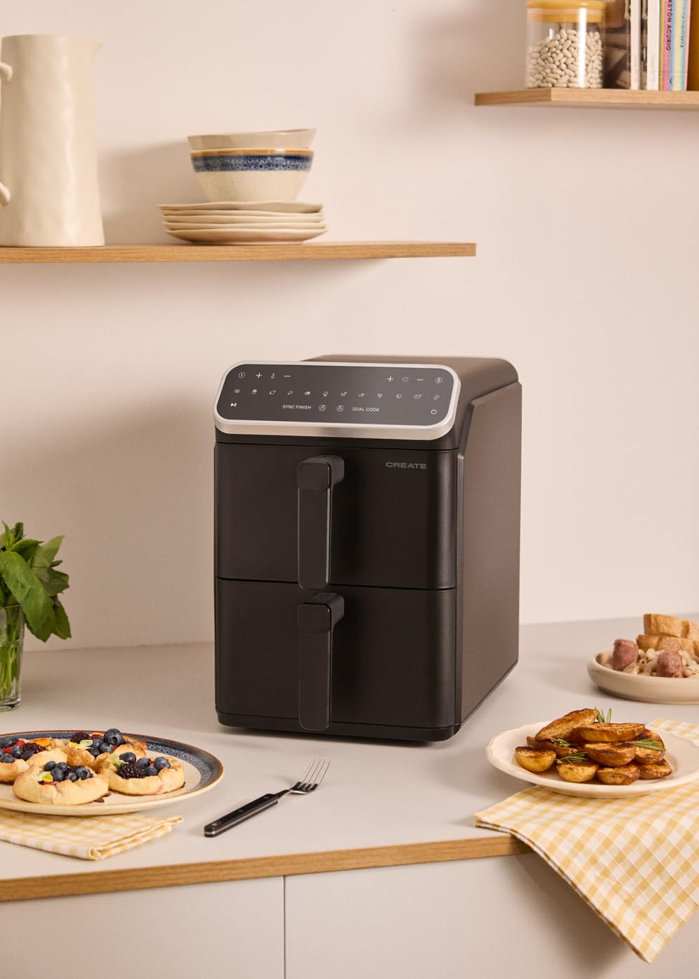 CREATE Air Fryer Dual Stack Air Fryer with Double Height and Independent Control 11.2L Black/Capacity 9-10 Servings, 10 Programmes, Dual Cook, Touch Panel, 2600-3000W