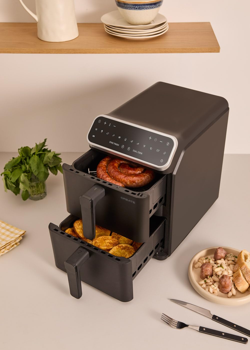 CREATE Air Fryer Dual Stack Air Fryer with Double Height and Independent Control 11.2L Black/Capacity 9-10 Servings, 10 Programmes, Dual Cook, Touch Panel, 2600-3000W