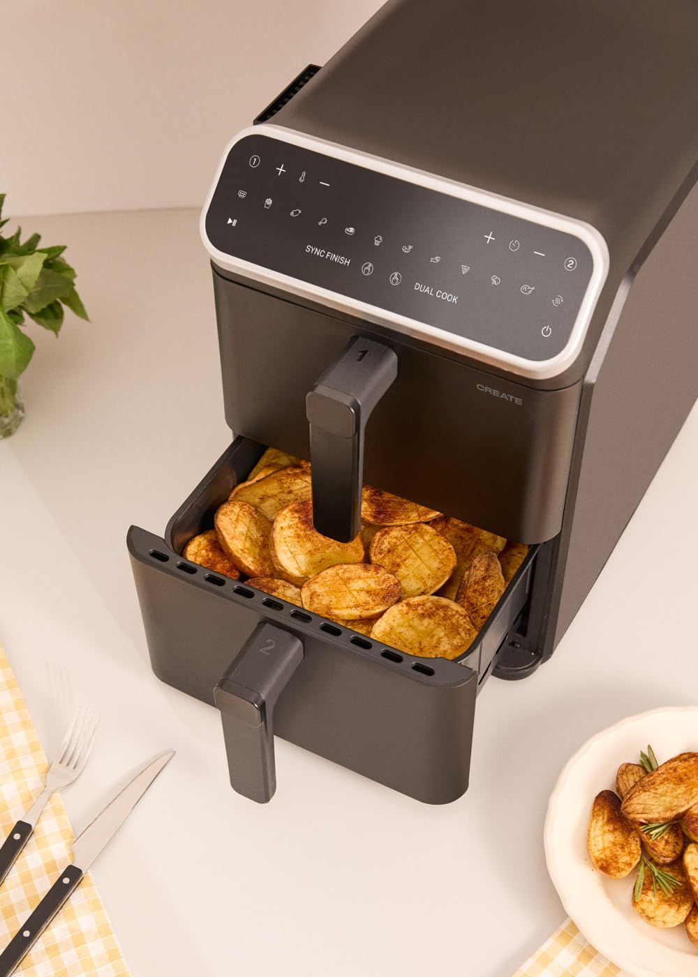 CREATE Air Fryer Dual Stack Air Fryer with Double Height and Independent Control 11.2L Black/Capacity 9-10 Servings, 10 Programmes, Dual Cook, Touch Panel, 2600-3000W