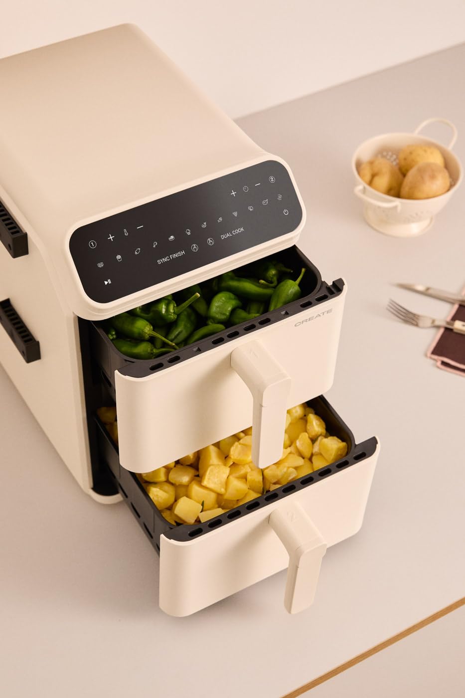 CREATE Air Fryer Dual Stack Air Fryer with Double Height and Independent Control 11.2L Cream White/Capacity 9-10 Servings, 10 Programmes, Dual Cook, Touch Panel, 2600-3000W