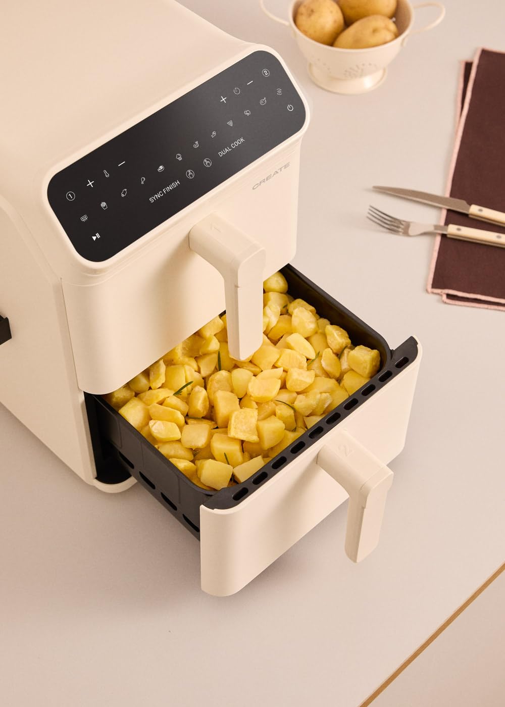 CREATE Air Fryer Dual Stack Air Fryer with Double Height and Independent Control 11.2L Cream White/Capacity 9-10 Servings, 10 Programmes, Dual Cook, Touch Panel, 2600-3000W
