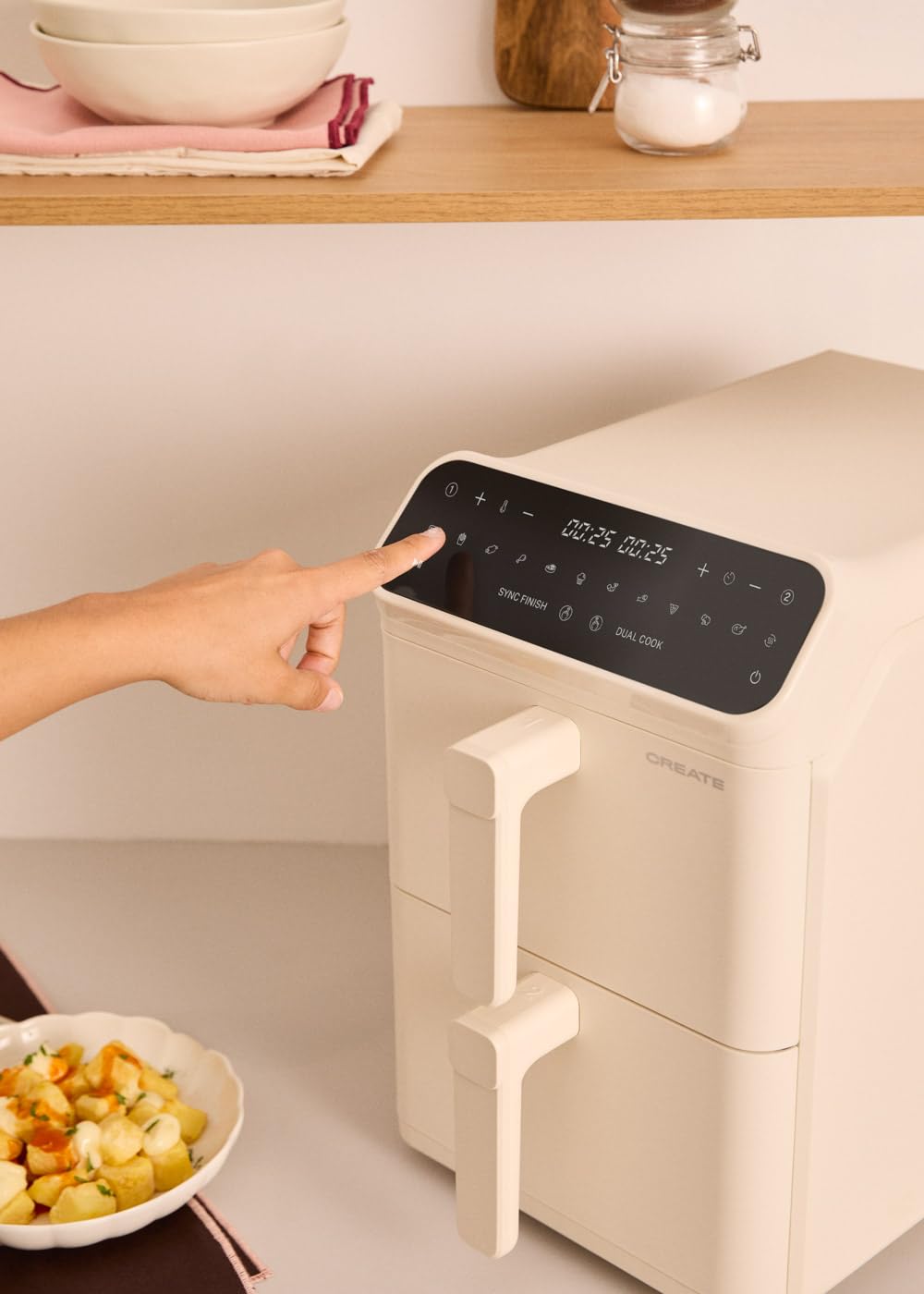 CREATE Air Fryer Dual Stack Air Fryer with Double Height and Independent Control 11.2L Cream White/Capacity 9-10 Servings, 10 Programmes, Dual Cook, Touch Panel, 2600-3000W