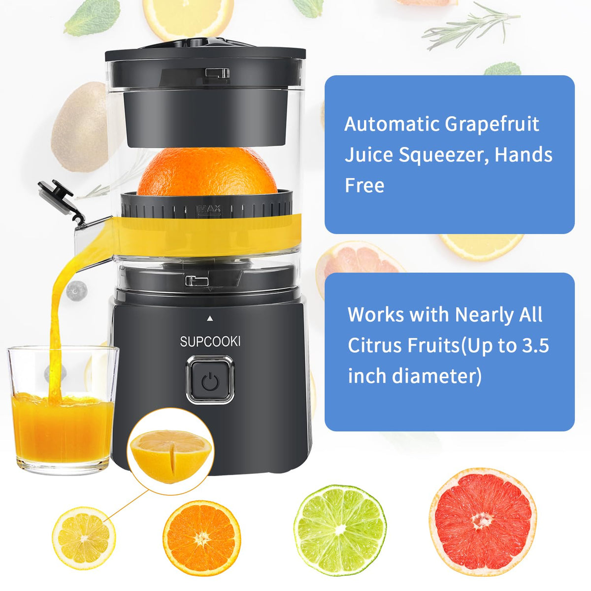 Hands Free Electric Citrus Juicer, Automatic Juicer Machine with Cleaning Brush, Orange Lime Grapefruit Squeezer, One-touch Operation,