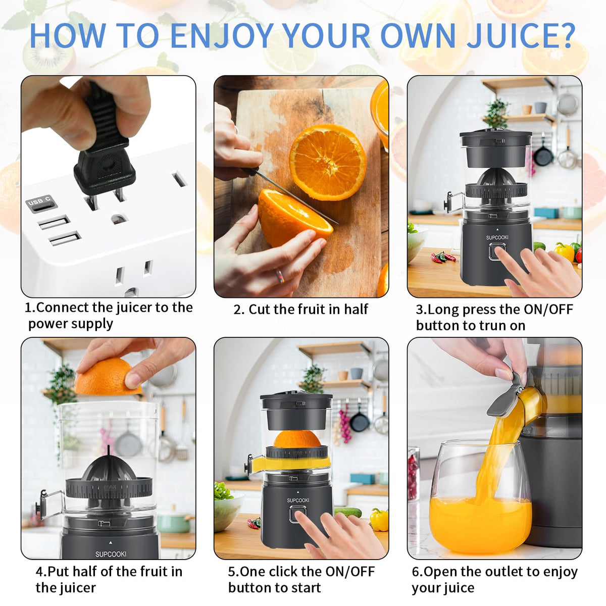 Hands Free Electric Citrus Juicer, Automatic Juicer Machine with Cleaning Brush, Orange Lime Grapefruit Squeezer, One-touch Operation,