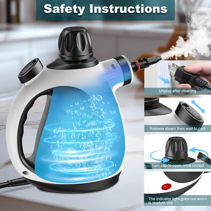 Powerful Household Cleaning Steamer, Handheld Steam Cleaner with 14 Accessories & 350 ml Tank, 1050 W Steam Cleaner for Carpets, Curtains, Sofas, Kitchens and Bathrooms
