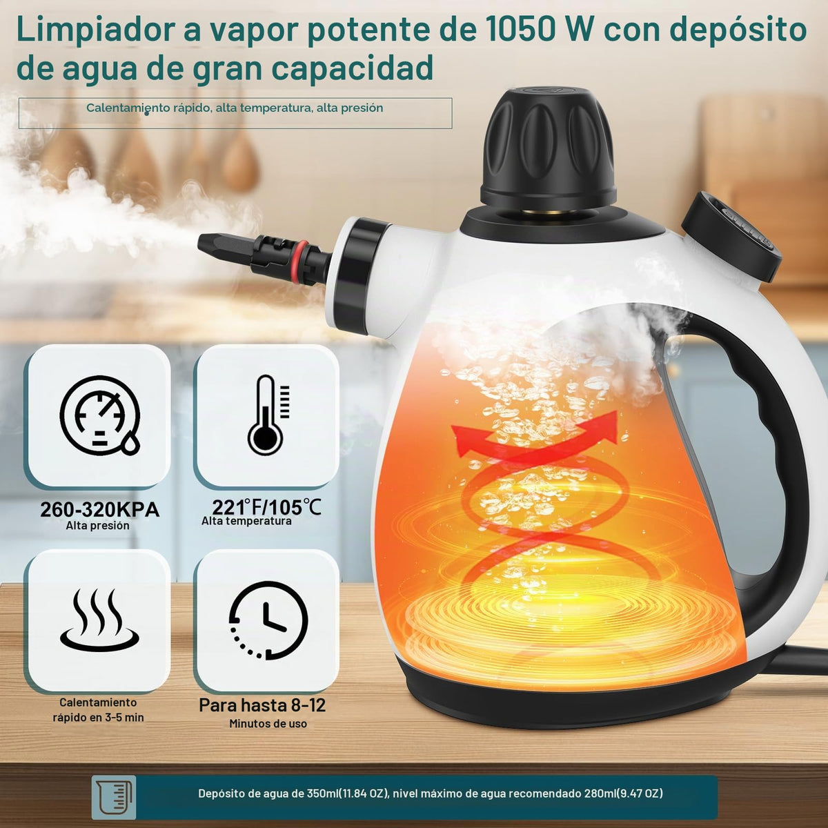 Powerful Household Cleaning Steamer, Handheld Steam Cleaner with 14 Accessories & 350 ml Tank, 1050 W Steam Cleaner for Carpets, Curtains, Sofas, Kitchens and Bathrooms