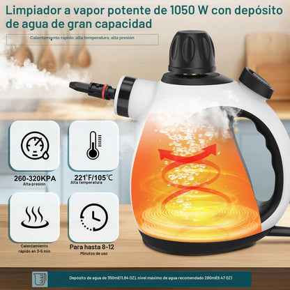 Powerful Household Cleaning Steamer, Handheld Steam Cleaner with 14 Accessories & 350 ml Tank, 1050 W Steam Cleaner for Carpets, Curtains, Sofas, Kitchens and Bathrooms