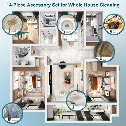 Powerful Household Cleaning Steamer, Handheld Steam Cleaner with 14 Accessories & 350 ml Tank, 1050 W Steam Cleaner for Carpets, Curtains, Sofas, Kitchens and Bathrooms