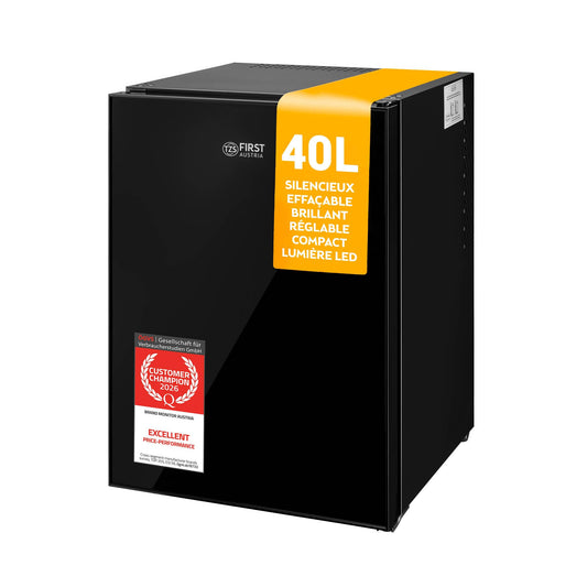 TZS First Austria - Mini fridge 40L silent - Small mini fridge with reversible door & interior light - Minibar for camping, office, bedroom & hotel - Glass front