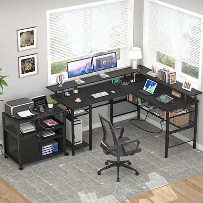Homieasy L Shaped Desk with Power Outlets and LED Light, 55 inch Reversible L-Shaped Gaming Desk with Monitor Stand, Ergonomic Corner Computer Desk with Storage Shelf for Home Office, Black