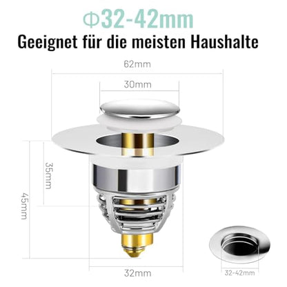 Homonic - Universal Sink Plug Replacement, Pure Copper, Double Seal, Fits 32-42 mm