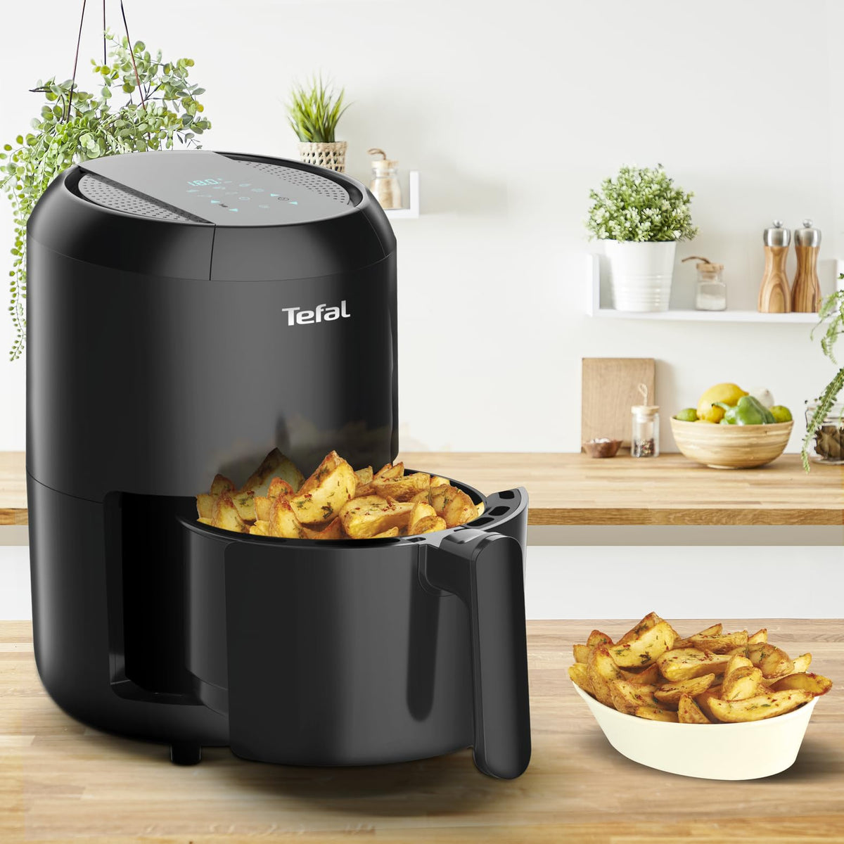 Tefal EY3018 Easy Fry Compact Hot Air Fryer (1400W, Capacity: 1.6 L, 6 Cooking Programmes, Digital Display, Timer, Healthy Without Fat / Oil, Crispy Chips, Hot Air Fryer for 1 - 2 Persons) Black