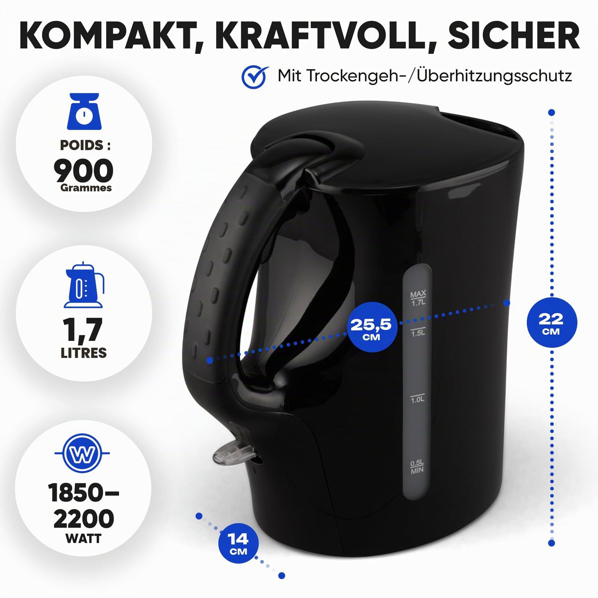 Clatronic Kettle 1.7 L with automatic & manual shut-off, removable anti-limescale filter, max. 2200Watt, Black