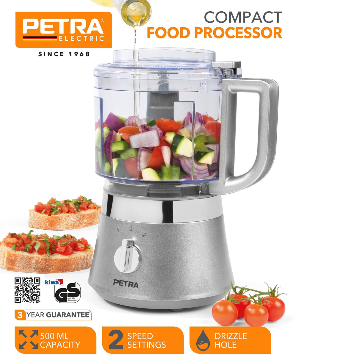 Petra PT5114VDEEU7 Compact Food Processor - 2-Speed Multi Chopper, Onion Chopper, 2580/2965 RPM, Built-in Oil/Drizzle Hole, 500 ml BPA Free Bowl with Lid, 400 W