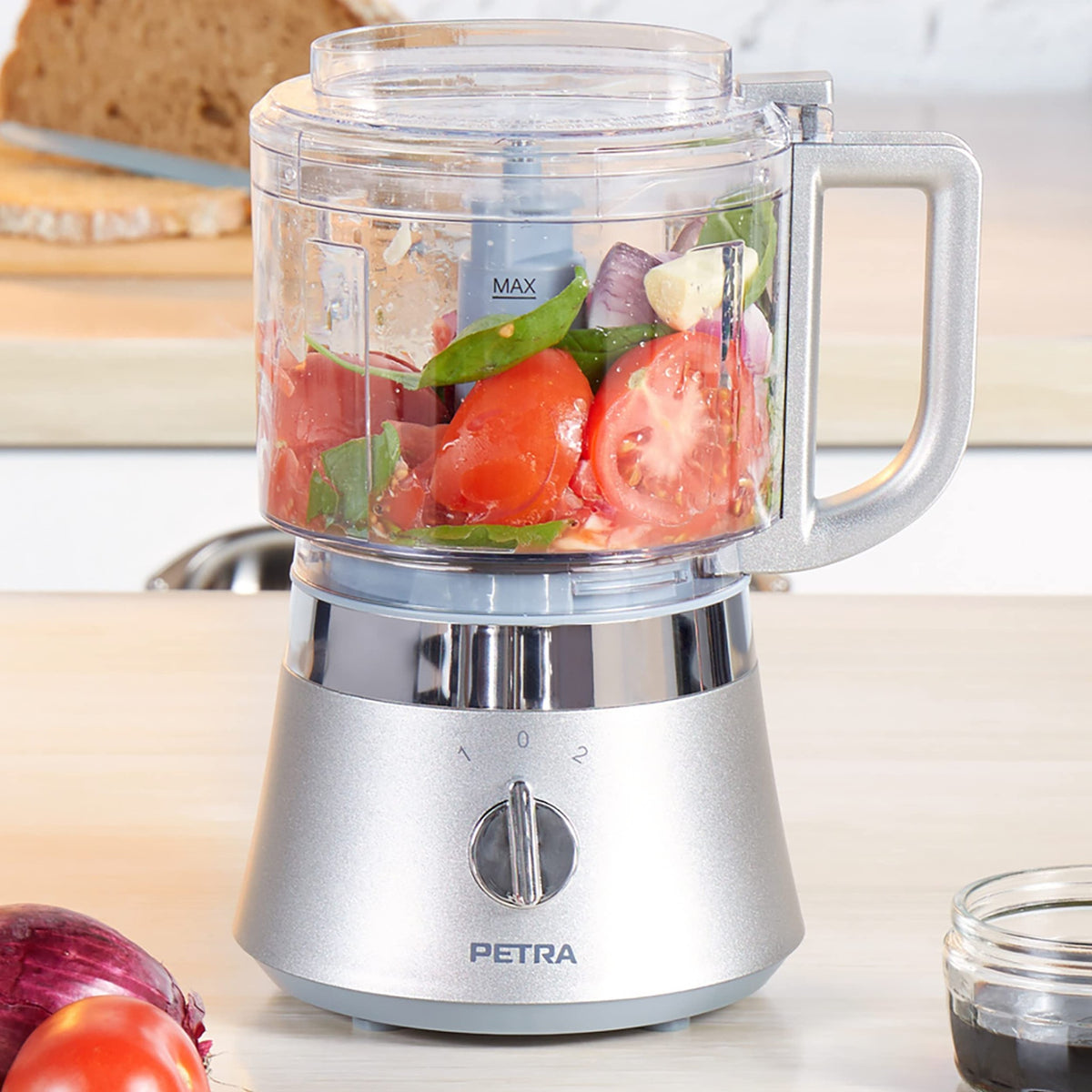 Petra PT5114VDEEU7 Compact Food Processor - 2-Speed Multi Chopper, Onion Chopper, 2580/2965 RPM, Built-in Oil/Drizzle Hole, 500 ml BPA Free Bowl with Lid, 400 W