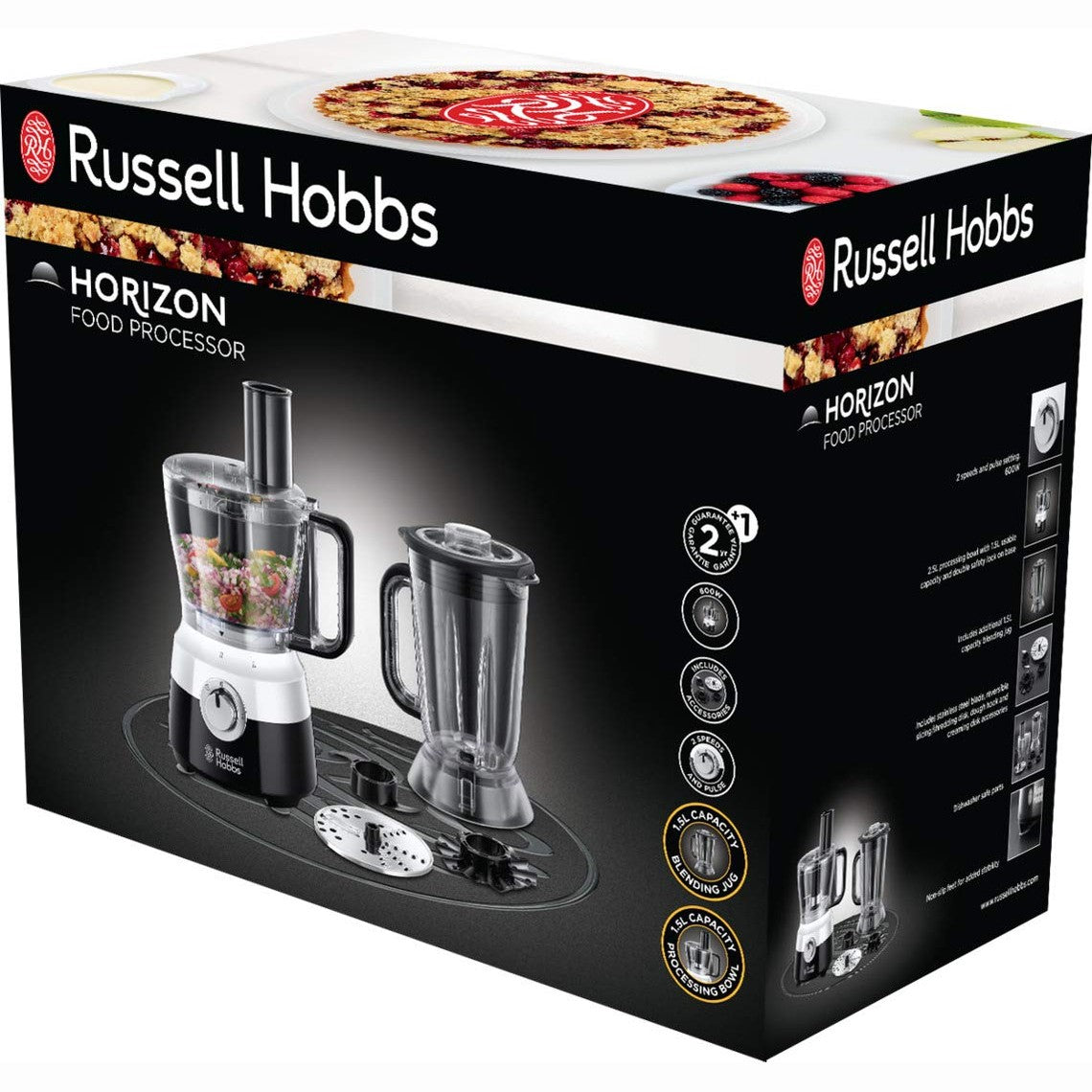 Russell Hobbs Horizon Food Processor with Blender, 600W, 1.5l Utility Capacity, Stainless Steel Blade, Tear Disc, Dough Tool, 2 Speeds+Pulse, 1.5l Blender Included, Cord Storage, 24731-56