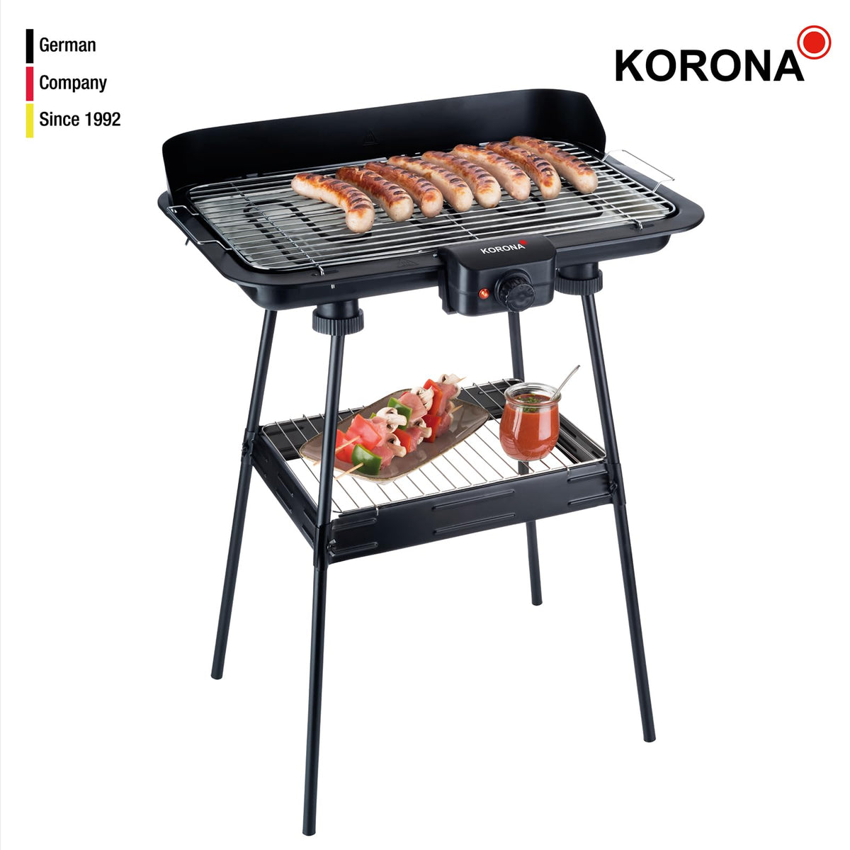 Korona 46221 Electric Standing Grill with XXL Cooking Grate (51 x 30 cm) / 2200 Watt / Wind Protection / Indicator Light / Safety Switch / Continuous Temperature Setting