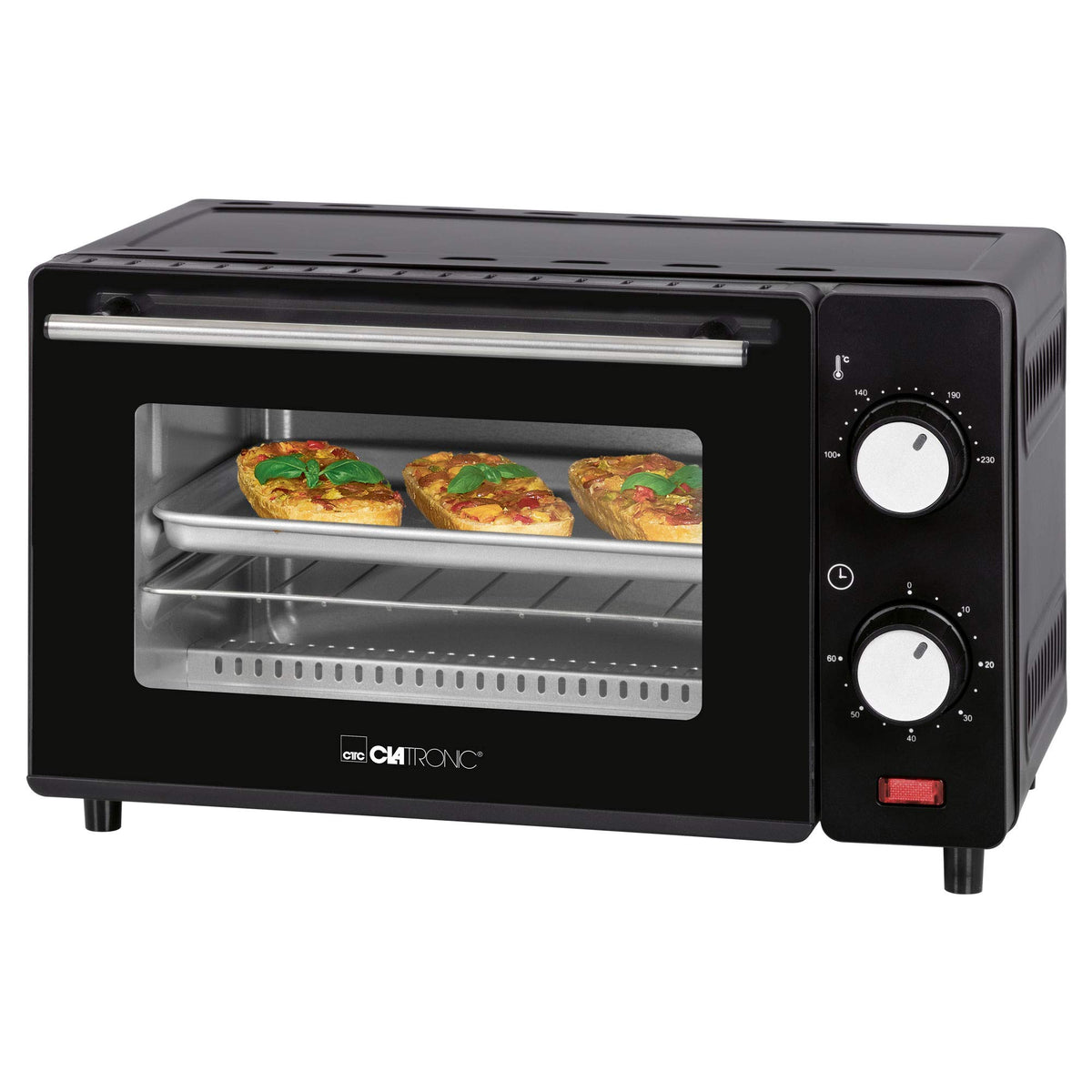 Clatronic MB 3746 Mini Oven | 8 Litre Baking Chamber | 2 Variable Insertion Heights | 2 Quartz Heating Elements | Top and Bottom Heat | 100°C - 230°C | Includes Cooking Grate, Baking Tray, Tongs | MB 3746 Black