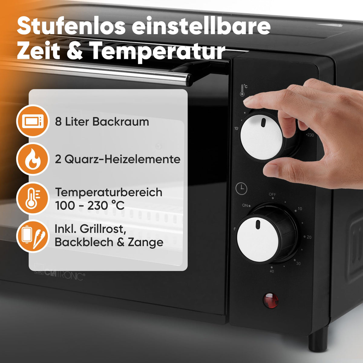 Clatronic MB 3746 Mini Oven | 8 Litre Baking Chamber | 2 Variable Insertion Heights | 2 Quartz Heating Elements | Top and Bottom Heat | 100°C - 230°C | Includes Cooking Grate, Baking Tray, Tongs | MB 3746 Black