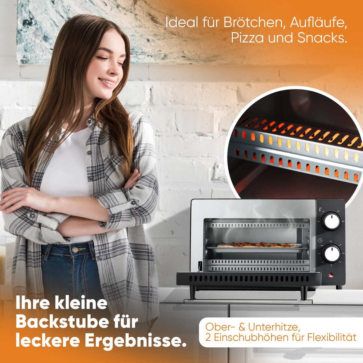 Clatronic MB 3746 Mini Oven | 8 Litre Baking Chamber | 2 Variable Insertion Heights | 2 Quartz Heating Elements | Top and Bottom Heat | 100°C - 230°C | Includes Cooking Grate, Baking Tray, Tongs | MB 3746 Black