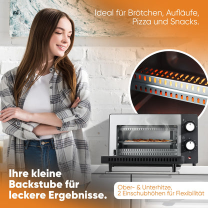 Clatronic MB 3746 Mini Oven | 8 Litre Baking Chamber | 2 Variable Insertion Heights | 2 Quartz Heating Elements | Top and Bottom Heat | 100°C - 230°C | Includes Cooking Grate, Baking Tray, Tongs | MB 3746 Black