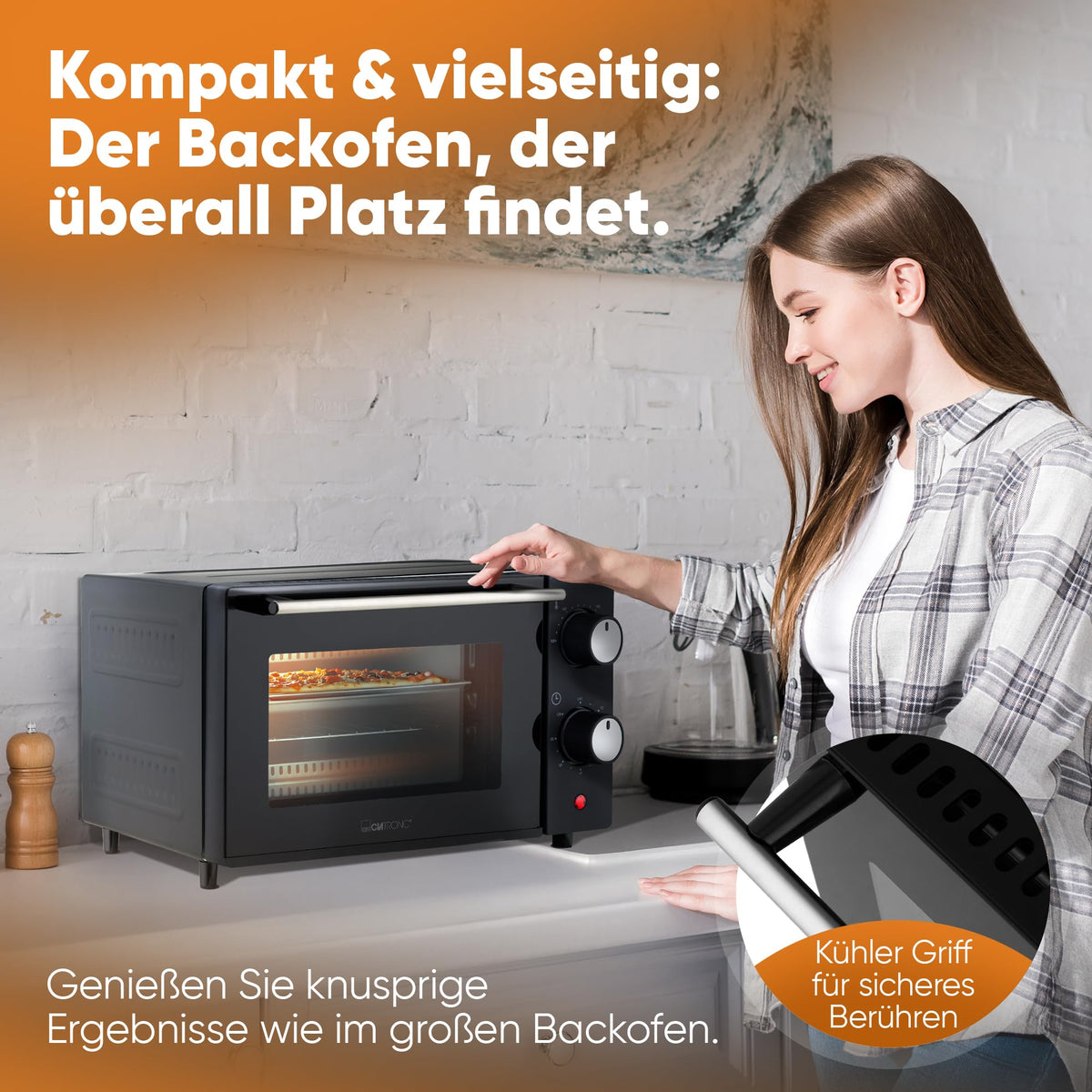 Clatronic MB 3746 Mini Oven | 8 Litre Baking Chamber | 2 Variable Insertion Heights | 2 Quartz Heating Elements | Top and Bottom Heat | 100°C - 230°C | Includes Cooking Grate, Baking Tray, Tongs | MB 3746 Black