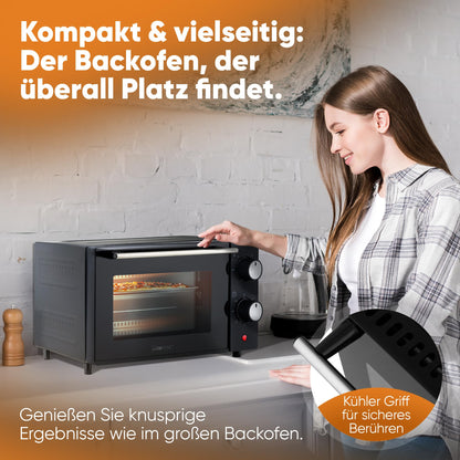 Clatronic MB 3746 Mini Oven | 8 Litre Baking Chamber | 2 Variable Insertion Heights | 2 Quartz Heating Elements | Top and Bottom Heat | 100°C - 230°C | Includes Cooking Grate, Baking Tray, Tongs | MB 3746 Black