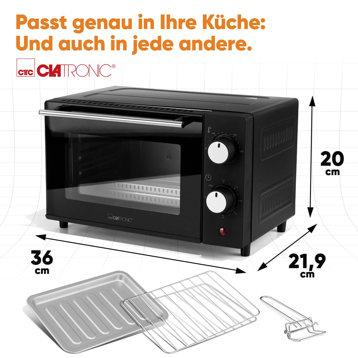 Clatronic MB 3746 Mini Oven | 8 Litre Baking Chamber | 2 Variable Insertion Heights | 2 Quartz Heating Elements | Top and Bottom Heat | 100°C - 230°C | Includes Cooking Grate, Baking Tray, Tongs | MB 3746 Black