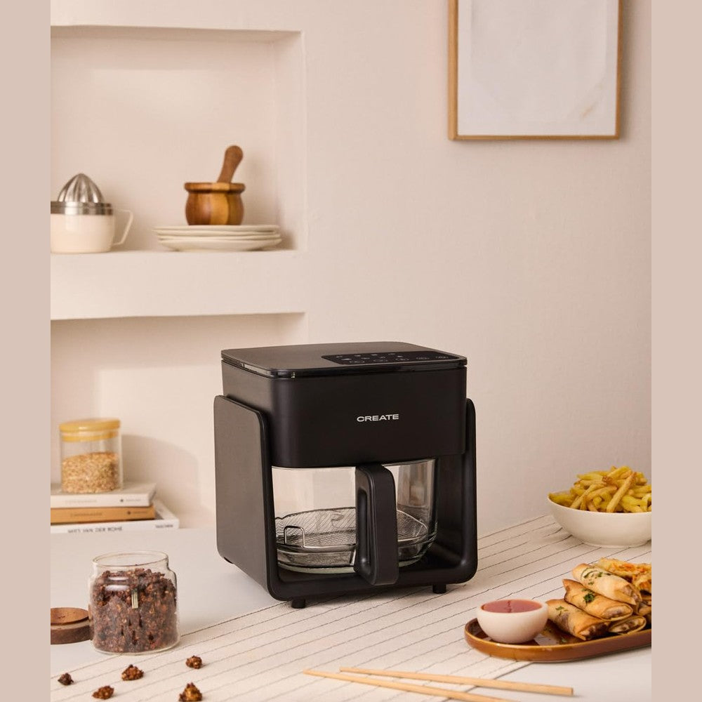 CREATE Air Fryer Studio Crystal/Oil-Free Hot Air Fryer, 4.2 L, without Water Steamer, Black, Capacity 5-6 Servings, 6 Programmes, Glass Container, Time and Temperature Control, 1300 W