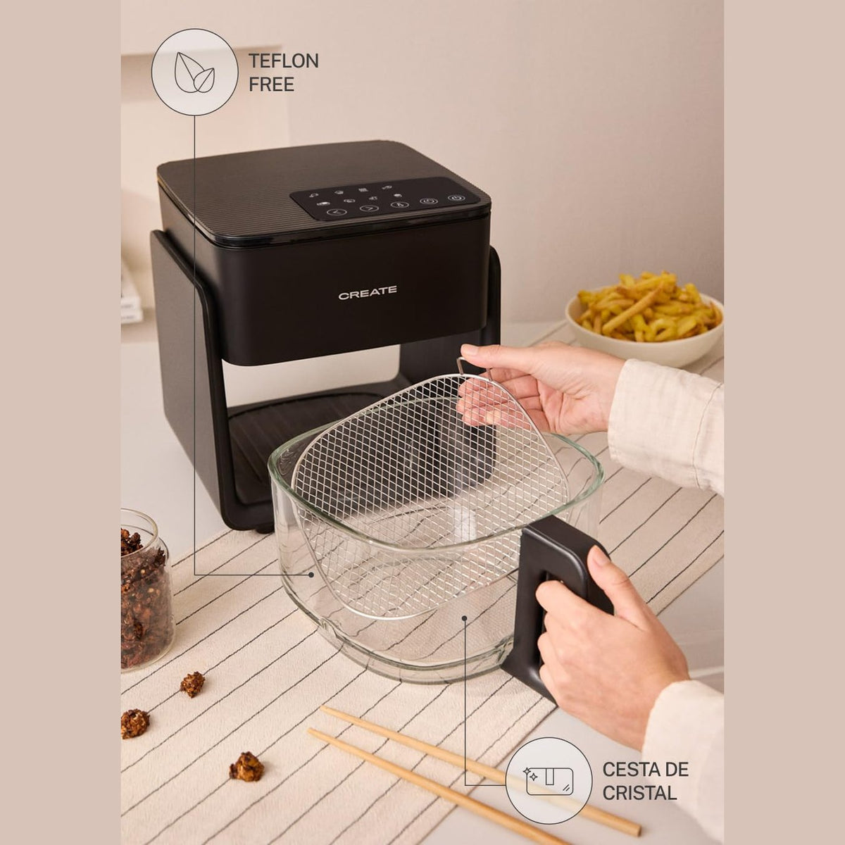 CREATE Air Fryer Studio Crystal/Oil-Free Hot Air Fryer, 4.2 L, without Water Steamer, Black, Capacity 5-6 Servings, 6 Programmes, Glass Container, Time and Temperature Control, 1300 W