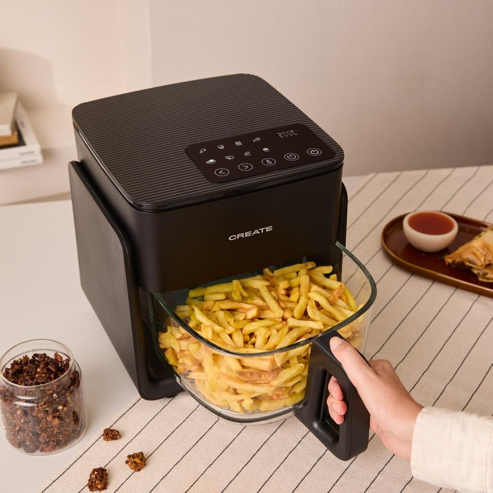 CREATE Air Fryer Studio Crystal/Oil-Free Hot Air Fryer, 4.2 L, without Water Steamer, Black, Capacity 5-6 Servings, 6 Programmes, Glass Container, Time and Temperature Control, 1300 W
