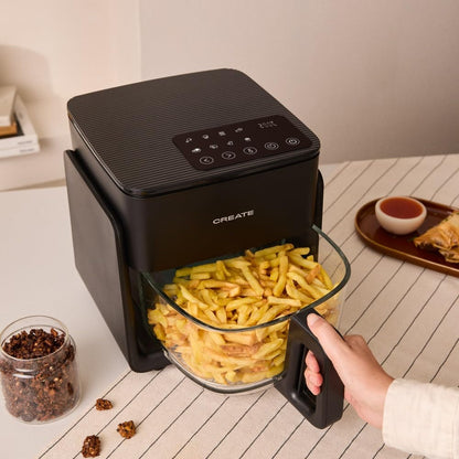 CREATE Air Fryer Studio Crystal/Oil-Free Hot Air Fryer, 4.2 L, without Water Steamer, Black, Capacity 5-6 Servings, 6 Programmes, Glass Container, Time and Temperature Control, 1300 W
