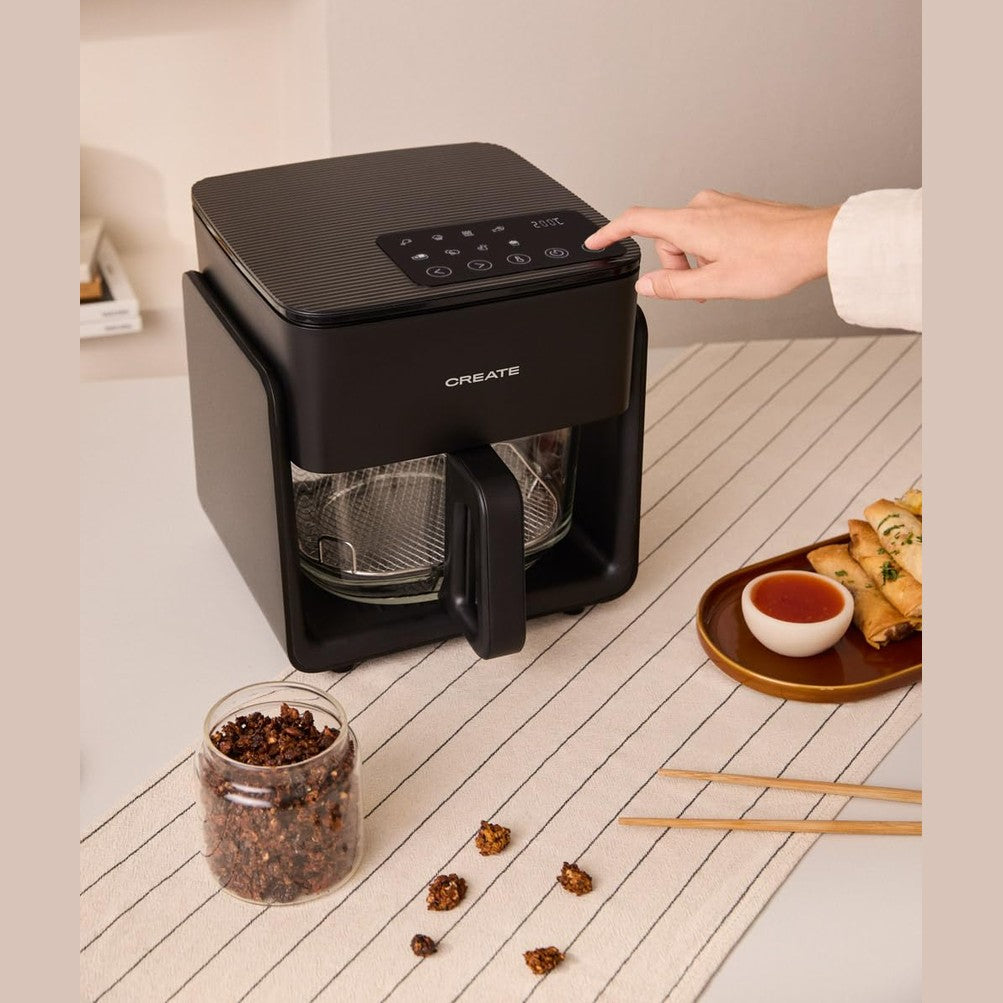 CREATE Air Fryer Studio Crystal/Oil-Free Hot Air Fryer, 4.2 L, without Water Steamer, Black, Capacity 5-6 Servings, 6 Programmes, Glass Container, Time and Temperature Control, 1300 W