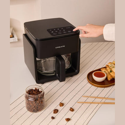 CREATE Air Fryer Studio Crystal/Oil-Free Hot Air Fryer, 4.2 L, without Water Steamer, Black, Capacity 5-6 Servings, 6 Programmes, Glass Container, Time and Temperature Control, 1300 W