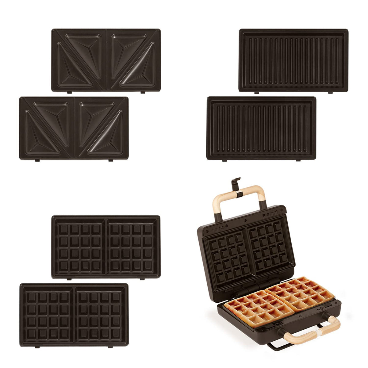 CREATE /STONE STUDIO/Sandwich Maker Grill and Double Black Waffle Maker / 3 Interchangeable Plates: Grill, Waffle and Sandwich, Non-Stick, 100° Opening, 2 Slices, Auto Off, Retro, 800W