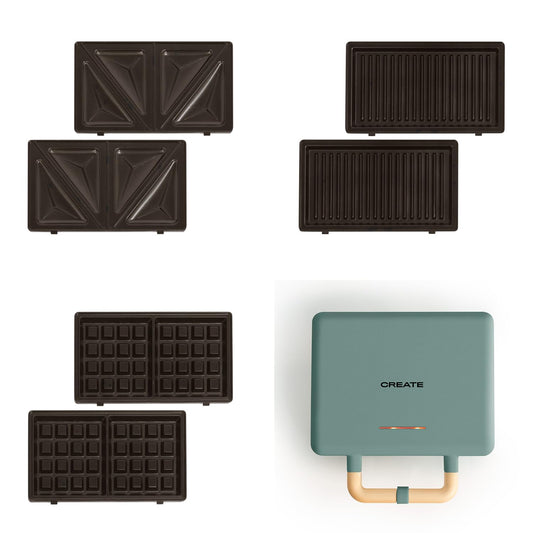 CREATE /STONE STUDIO/Sandwich Maker Grill and Double Waffle Maker Sage Green / 3 Interchangeable Plates: Grill, Waffle and Sandwich, Non-Stick, 100° Opening, 2 Slices, Auto Off, Retro, 800W
