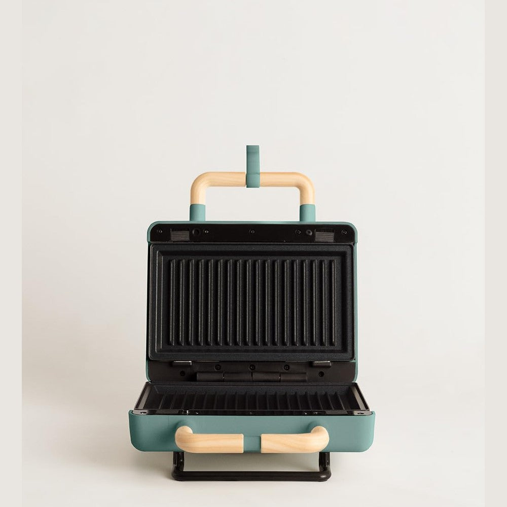 CREATE /STONE STUDIO/Sandwich Maker Grill and Double Waffle Maker Sage Green / 3 Interchangeable Plates: Grill, Waffle and Sandwich, Non-Stick, 100° Opening, 2 Slices, Auto Off, Retro, 800W