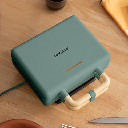 CREATE /STONE STUDIO/Sandwich Maker Grill and Double Waffle Maker Sage Green / 3 Interchangeable Plates: Grill, Waffle and Sandwich, Non-Stick, 100° Opening, 2 Slices, Auto Off, Retro, 800W