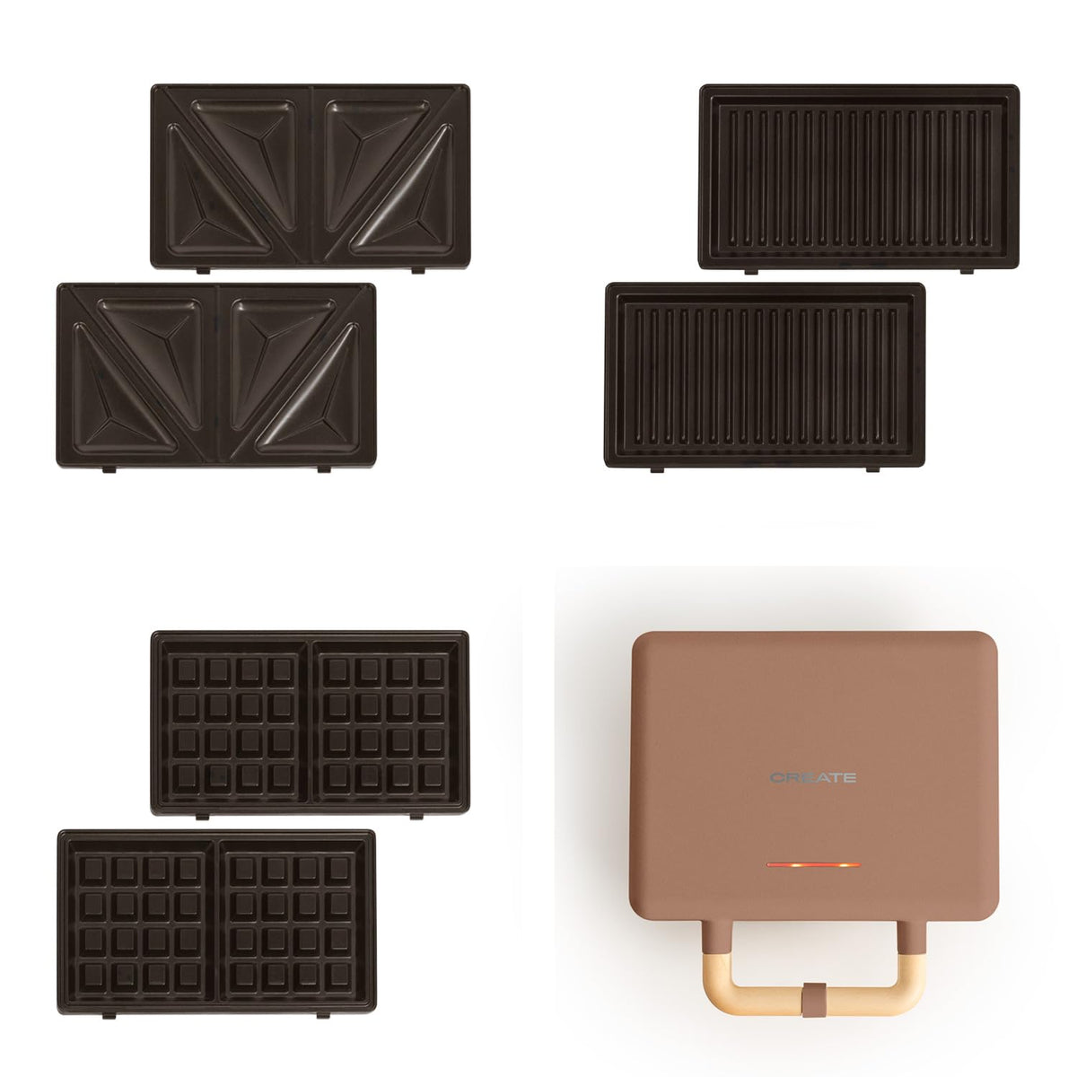 CREATE /STONE STUDIO/Sandwich Maker Grill and Double Waffle Maker Mocha Green / 3 Interchangeable Plates: Grill, Waffle and Sandwich, Non-Stick, 100° Opening, 2 Slices, Auto Off, Retro, 800W