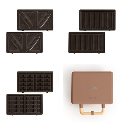CREATE /STONE STUDIO/Sandwich Maker Grill and Double Waffle Maker Mocha Green / 3 Interchangeable Plates: Grill, Waffle and Sandwich, Non-Stick, 100° Opening, 2 Slices, Auto Off, Retro, 800W
