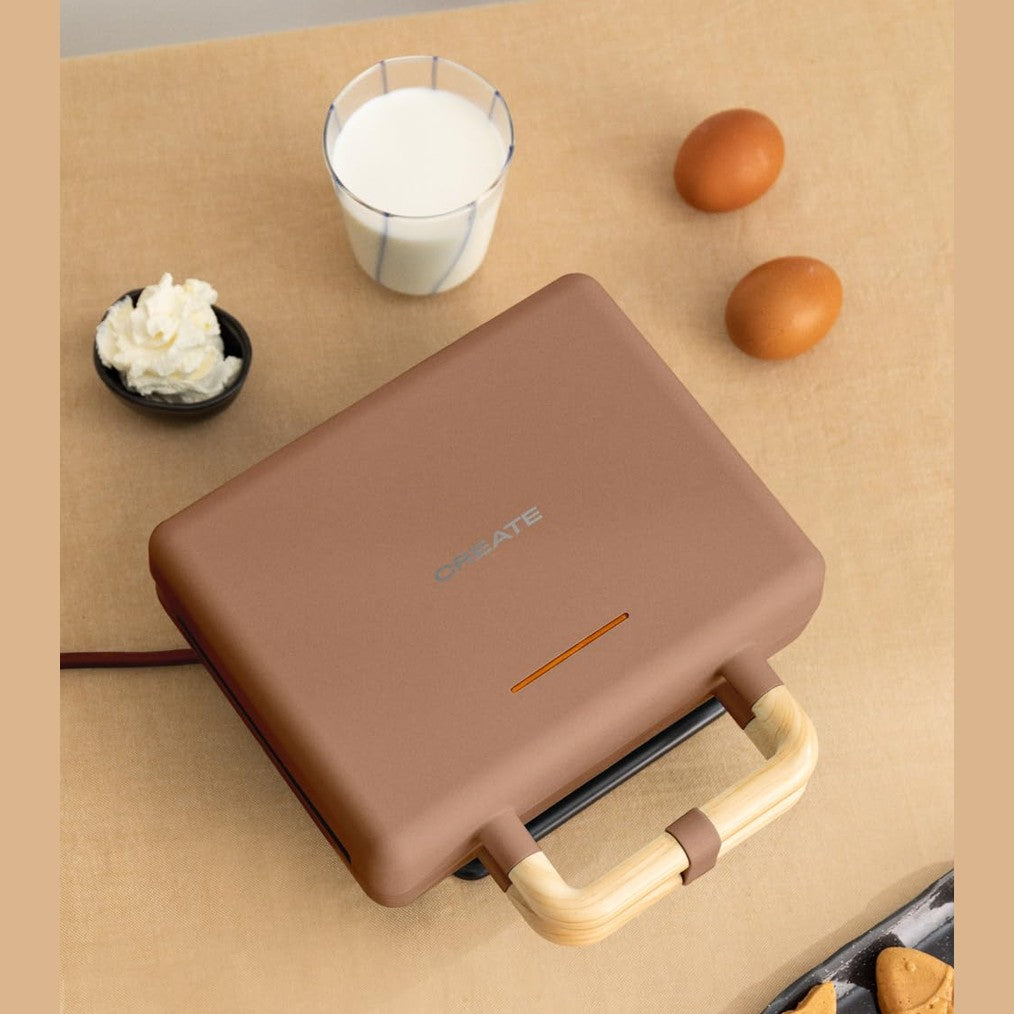 CREATE /STONE STUDIO/Sandwich Maker Grill and Double Waffle Maker Mocha Green / 3 Interchangeable Plates: Grill, Waffle and Sandwich, Non-Stick, 100° Opening, 2 Slices, Auto Off, Retro, 800W