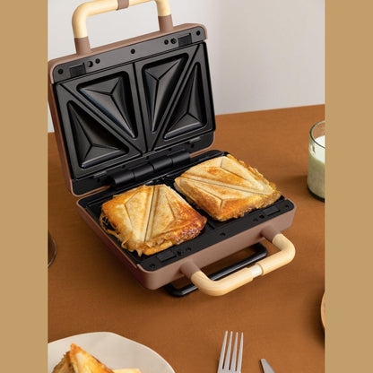 CREATE /STONE STUDIO/Sandwich Maker Grill and Double Waffle Maker Mocha Green / 3 Interchangeable Plates: Grill, Waffle and Sandwich, Non-Stick, 100° Opening, 2 Slices, Auto Off, Retro, 800W
