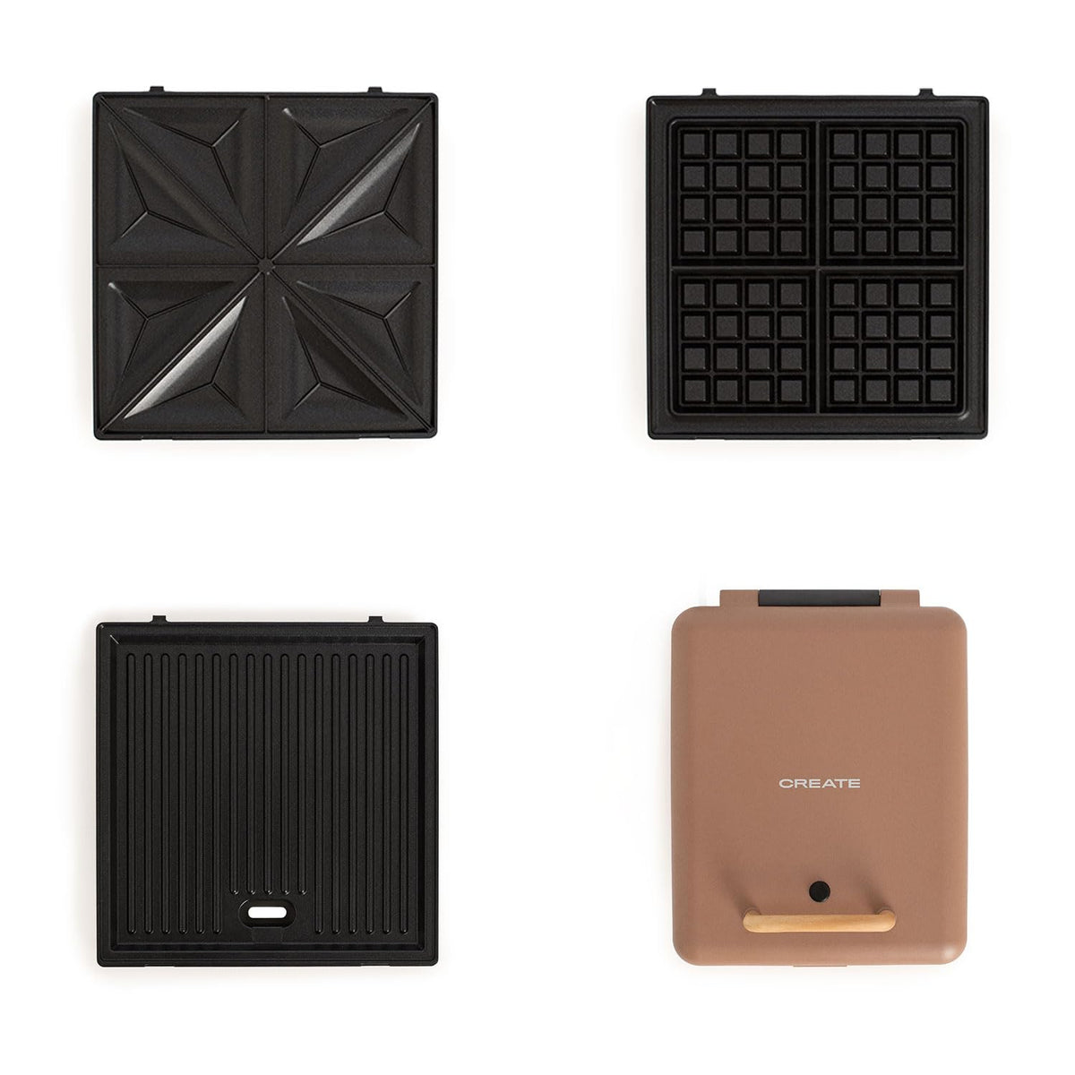 CREATE/STONE STUDIO/Sandwich-Grill and Waffle Maker Quadruple Mocha / 3 Interchangeable Plates: Grill, Waffle and Sandwich, 4 Slices, 1600 W