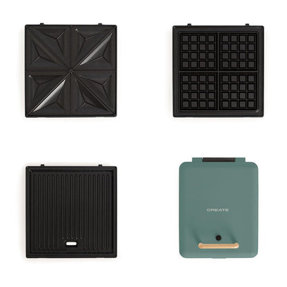 CREATE/STONE STUDIO/Sandwich-Grill and Waffle Maker Sage Green / 3 Interchangeable Plates: Grill, Waffle and Sandwich, 1600 W